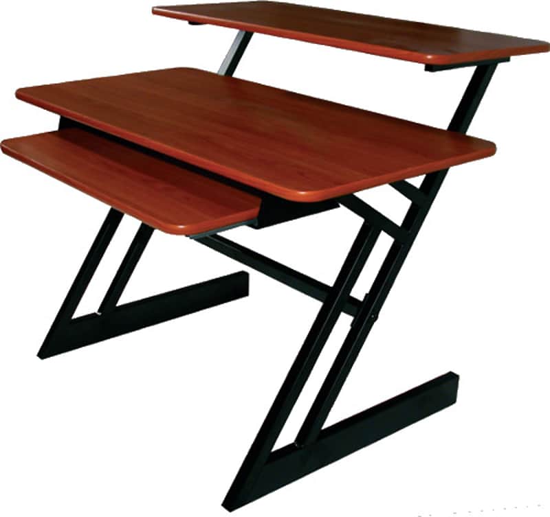 QUIK LOK - Z250BKCY Ergonomic Z-Style Studio Workstation - Triple Shelf Home Office and Media Production Desk with Pull-Out Keyboard Tray and Scratch-Resistant Cherry Wood Tops, Black Frame image 1
