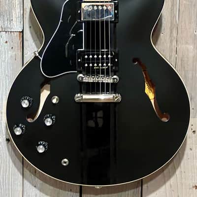 Sweet Lefty! 2021 Gibson ES-335 Dot Semi-Hollow Electric Guitar Custom Black Ebony w/ Racing Stripes + OHSC image 4