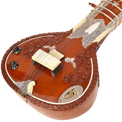 SITAR~RAVI SHANKAR STYLE~7 STRINGS~SWAN NECK~DESIGNER TUN WOOD~PICKUP TO CONNECT WITH AMPLIFIER~FLAT~WITH GIG BAG, MIZRABS & STRINGS image 8