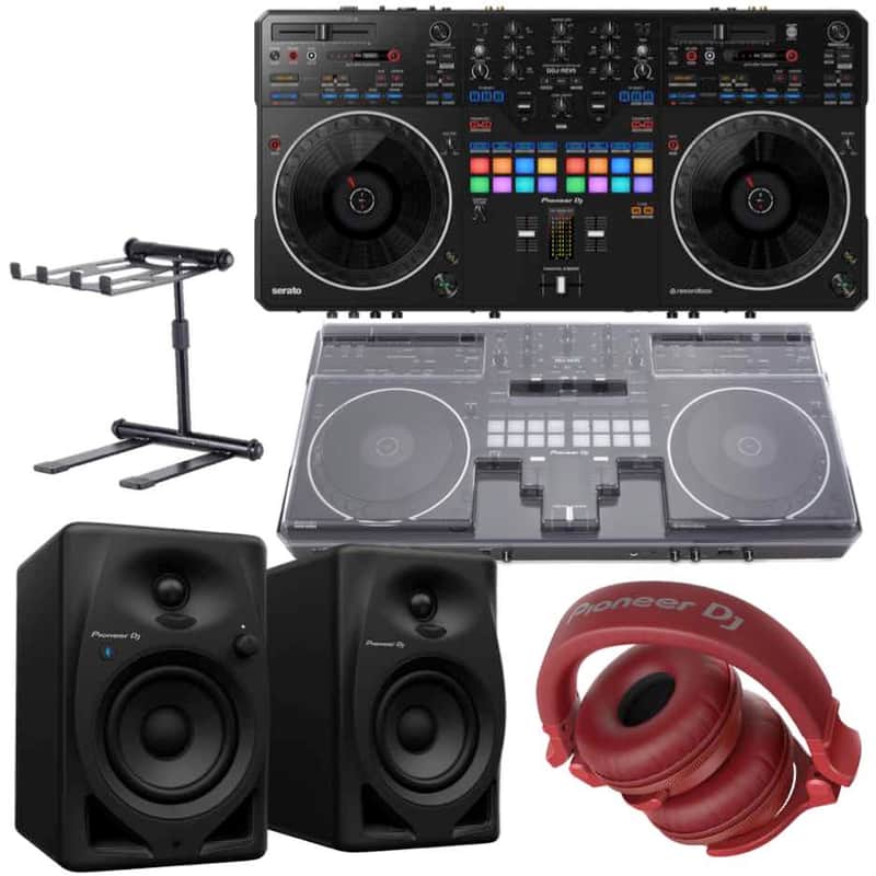 Pioneer DJ DDJ-REV5 Controller, DM-40D Monitors, HDJ-CUE1BT Headphone, Laptop Stand image 1
