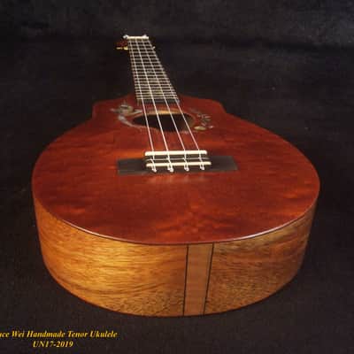Handmade Tenor Ukulele, Solid Curly Mahogany, Spalted Rosewood, Bird & Floral inlay, Soft-bag, Bruce Wei UN17-2019 image 8