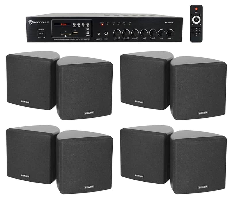 Rockville Commercial Restaurant Bluetooth Amplifier+(8) 3.5" Black Cube Speakers image 1