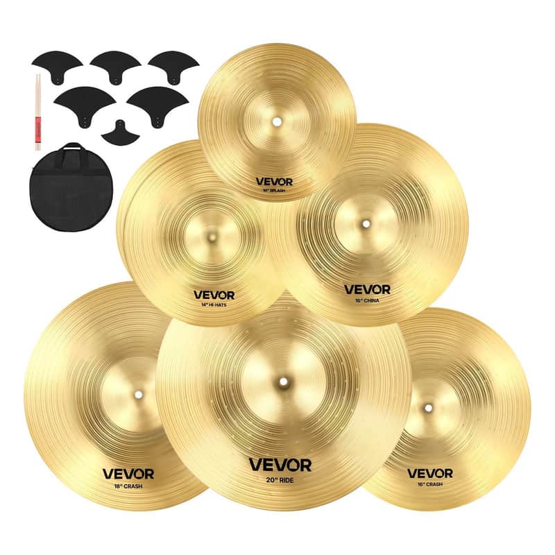 Cymbal Pack, 7 Pieces Cymbals for Drum Set, Alloy Cymbals Drum Set Includes 14" Hi-Hats, 16" Crash, 18" Crash, 20" Ride, 10" Splash, 16" China, Drumsticks & Cymbal Bag image 1