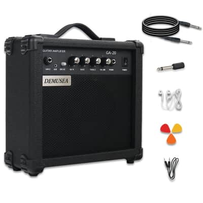 Demusea Electric Guitar Amplifier 20w Guitar Amp Starter Beginner Practice Small Portable Travel Headphone Aux Distortion Gain Treble Bass Volume Noiseless Cable Adapter Pick Aux Cable Earphone (BK) image 1