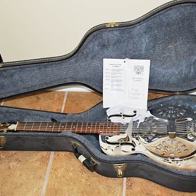 1995 Dobro USA DM-33H DM33H Chromed Brass Resonator Round Neck Guitar w Etched Hawaiian Motif Excellent Condition w OHSC and Booklet. image 15
