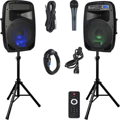 12 Portable 12-Inch 1000 Watts 2-Way Powered Dj/PA Speaker System Combo Set with Bluetooth/USB/SD Card Reader/FM Radio/Remote Control/Speaker Stands/Wired mic image 1
