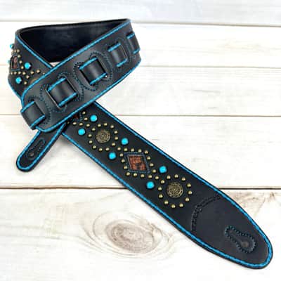 Walker & Williams GTR-20-BLU Sedona Special Turquoise Blue On Black Padded Strap With Brass Studs & Rivets For Acoustic Electric And Bass Guitars image 1