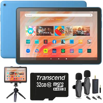 Amazon Fire HD 10 10.1" 32GB Wi-Fi Tablet, 13th Gen, Ocean + Vidpro 2-Person Wireless Lavalier Microphone Set + 32GB MicroSD Transcend Memory Card + Tablet Cradle for Tripods Ipad Tablet Tripod Mount Adapter Fist Most Tablets + 6" Tabletop Tripod & HandGr image 1