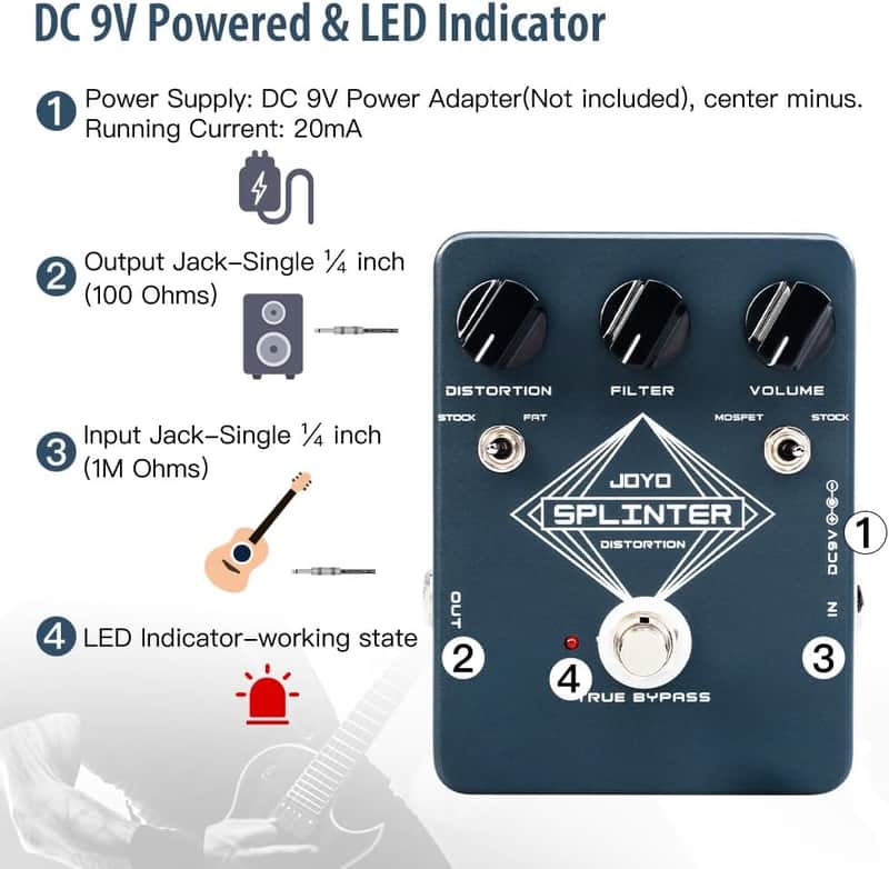 JOYO Distortion Guitar Effect Pedal with Selectable MOSFET & FAT Clipping Thick Boost Distortion - True Bypass (SPLINTER JF-21) (Price includes the import duty for US buyer) image 1
