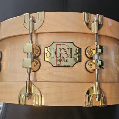 Premier 75th Anniversary Signia 14x5.5" 10-Lug Maple Snare Drum with Wood Hoops, Gold Hardware 1997 - Natural image 1