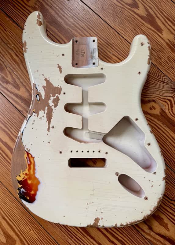 MJT Stratocaster Body, Aged, Reliced, Olympic White Over Three Tone Sunburst image 1