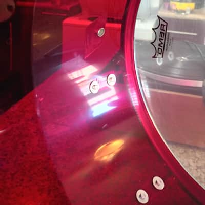 Vintage 1970s Ludwig Red Acrylic Vistalite 15"Concert Tom Drum Iconic Blue & Olive Badge Rare image 10