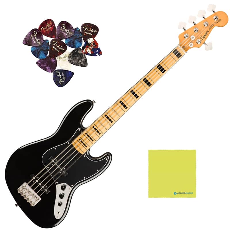 Squier® Classic Vibe '70s Jazz Bass V, Maple Fingerboard, Black, 0374550506 Bundle w/ 12 Picks & Liquid Audio Polishing Cloth image 1