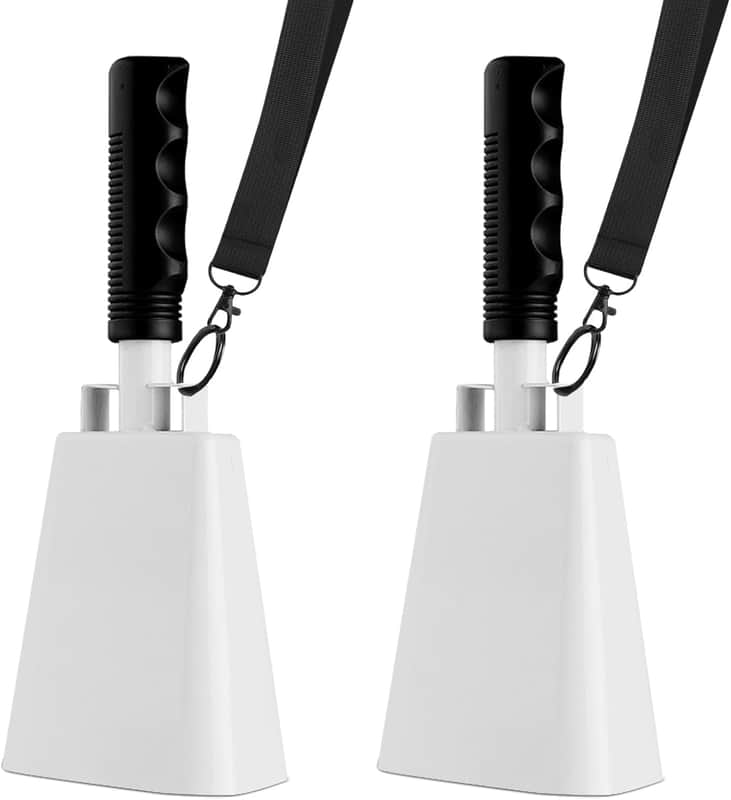 Cow Bell, 2 Pack Cheering Cowbells for Sporting Events, 10 Inch Large Cow Bells Noise Makers, Solid White Steel Hand Bell Chimes Alarm for Football Games, School, Percussion Musical Instruments image 1