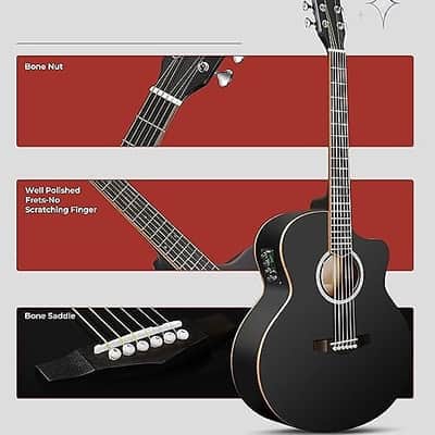 3/4 Acoustic Electric Guitar Kit for Beginners, 36 Inch Acoustic Cutaway Guitar Junior Size Travel Acustica Guitarra Bundle for Adults, Teens, Upgraded Starter Kit, Black Matte image 2