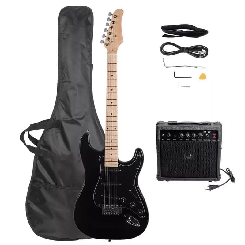 Full-Size Right-Handed Electric Guitar Starter Kit – Black w/ Black Pickguard, 20W Amp, Bag, Strap & Accessories image 1