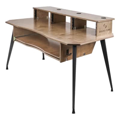 SDRK-SDF2B | DIY Music Recording Studio Desk Workstation w/ 3x4U Rack/Top Shelf, Sliding Keyboard Tray, Plywood, Weathered Brown image 3