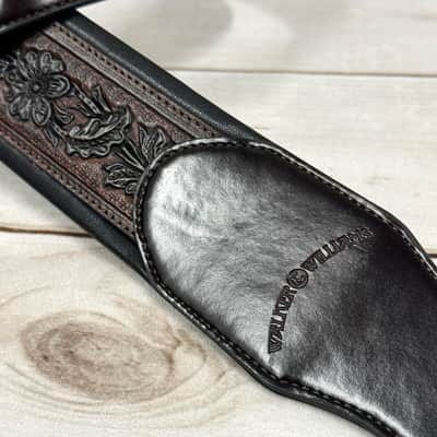 Walker and Williams KB-02-BT Oxblood Brown Carving Leather Padded Guitar Strap With Black Floral Skull & Cross For All Guitars And Basses image 8