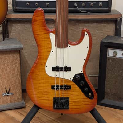 Warmoth Jazz Bass Fretless - Orange Burst w/ Flame Maple top image 2