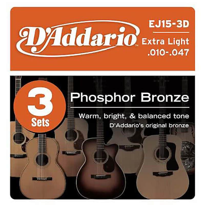 D’Addario EJ15-3D Phosphor Bronze Acoustic Guitar Strings - Extra Light - 3 Sets image 1