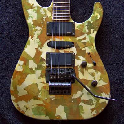 COLLECTORS: VERY RARE "Gold Camo" Original 1989 ESP Mirage Deluxe serial number 91032 Japanese-made "Golden Era" Superstrat Gold Camo" finish with Original ESP Sinclair bridge with Gold Label EMG pickups image 1