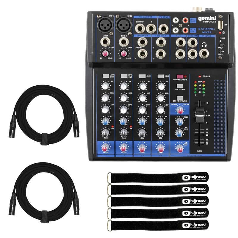 Gemini GEM-08USB 8 Channel USB Bluetooth DJ Recording Live Sound Mixer w Cables image 1
