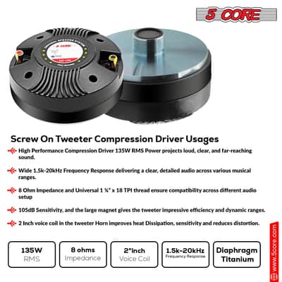 5 Core Compression Driver Pair 270W Combined RMS Titanium Tweeter Diaphragm 8 Ohm 1.75" Voice Coil High Frequency 1.5k-20kHz Weatherproof Thro image 11