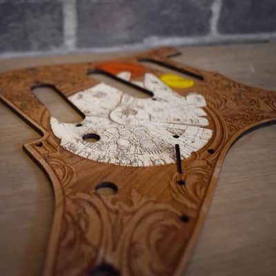 Hand-Painted Cherrywood Pickguard for Fender Stratocaster HSS/SSS – Laser-Engraved 'Stumble' Design image 3