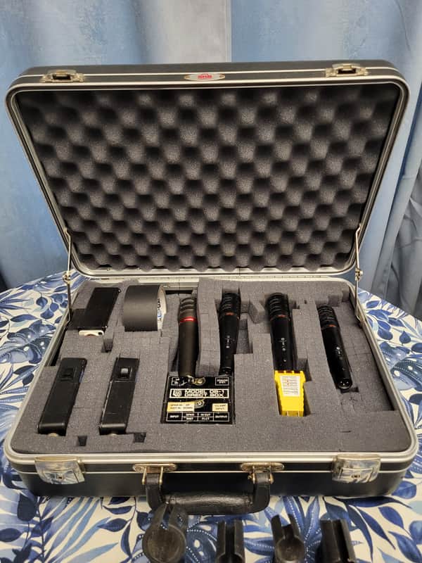 SKB BRIEFCASE,  WHIRLWIND SPLITTER/DIRECT BOX,  WHIRLWIND -2- IMP2 DI's, PROCO -1- DB1 DI,  AUDIO TECHNICA ATM29HE, AUDIO TECHNICA -3-AP701, GAFF TAPE, CIRCUIT TESTER Late 1990's image 1