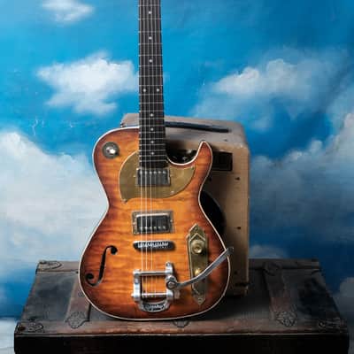 Postal Midnight Special Flamed Maple Tiger-burst-Duncan Pearly Gates pickups Bigsby Carved Scroll Headstock image 2