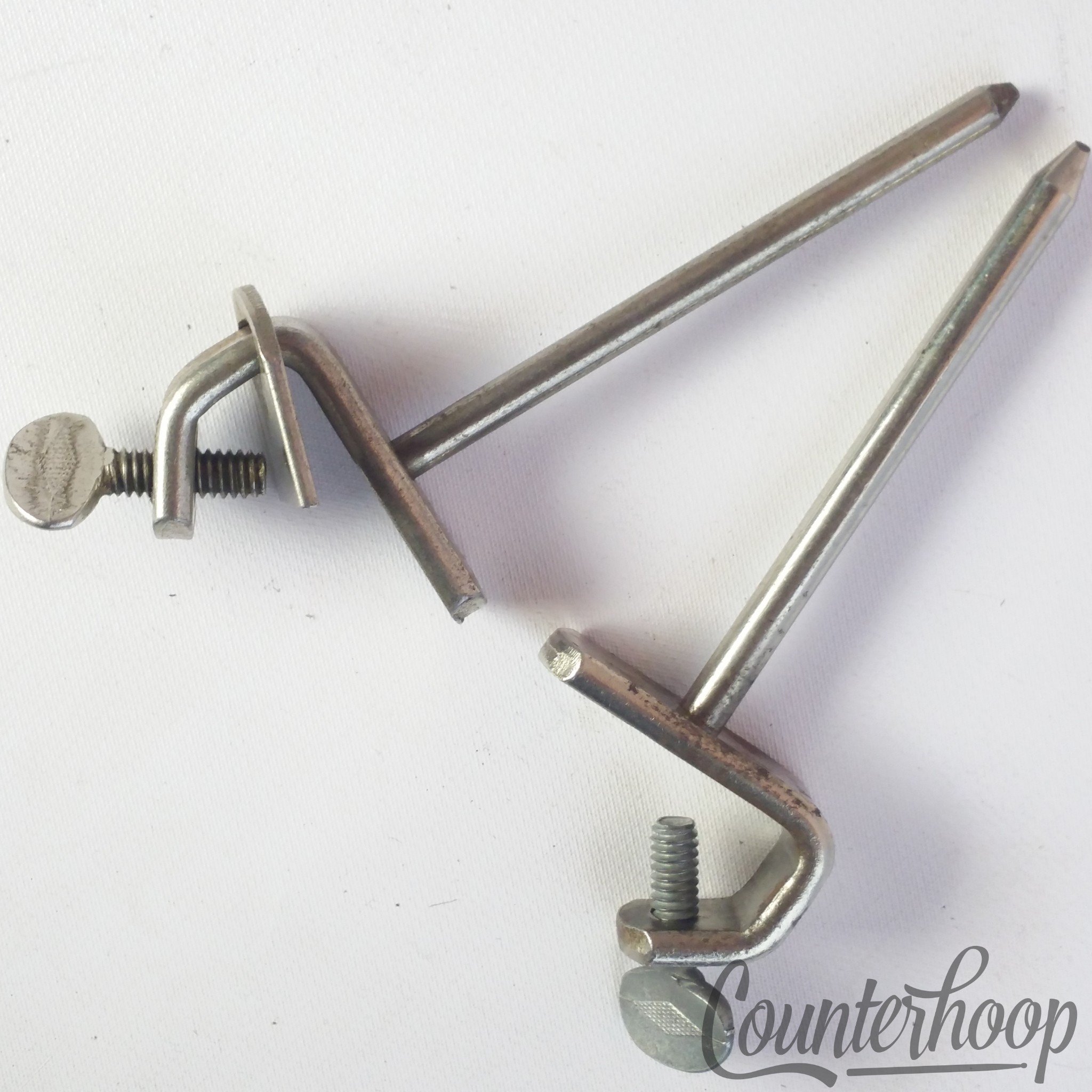 Ludwig Bass Drum Spurs Nickel Spikes Clamp-On Mounts Vintage 30s Legs 2x Set USA - Fair / 6.95/24.95 — main photograph