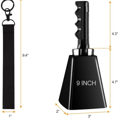 Cow Bell, 9 Inch Cowbells for Sporting Events, Metal Steel Cowbell with Handle, Loud Noise Makers for Football Games, Black Large Hand Bells Cheering Items School Musical Percussion Instruments image 2