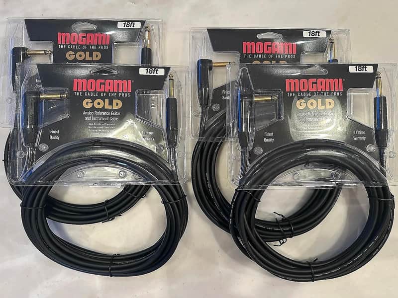 Four Mogami Gold 18' Instrument Cables - Straight Angle 1/4" TS to Right Angle 1/4" TS image 1