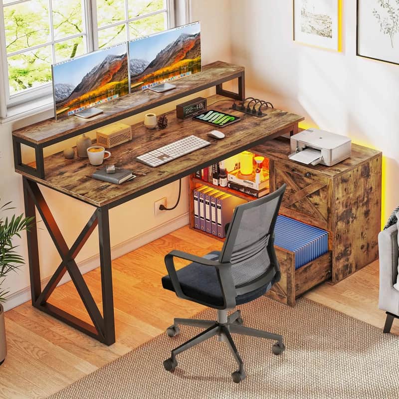 55" L-Shaped Music Production Desk – Built-In Power, LED Sync Lights & File Storage image 1