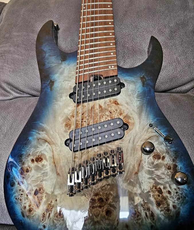 Ibanez RGMS8PB Multi-Scale 8 string cosmic blue burst over Maple burl veneer image 1