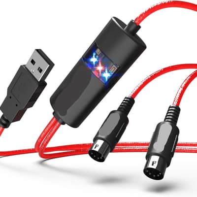 MIDI to USB Interface Compatible with USB Type-A MIDI Cable with Input&Output Work with MIDI Keyboard/Synthesizer/MIDI Deivce Compatible with iOS&Android, Windows/Mac OS Red - 6.5Ft image 1