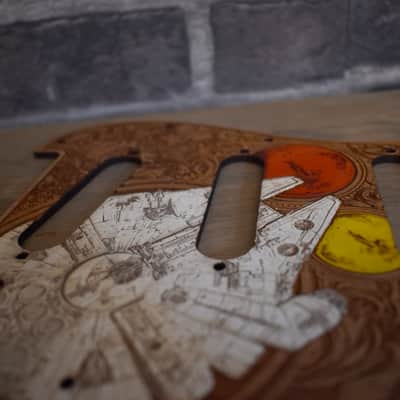 Hand-Painted Cherrywood Pickguard for Fender Stratocaster HSS/SSS – Laser-Engraved 'Stumble' Design image 4