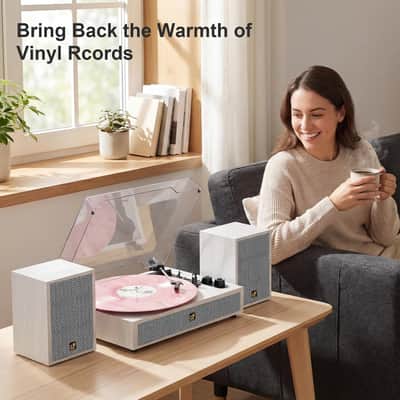 White Bluetooth Vinyl Record Player Turntable w/ Dual 30W Stereo Speakers 3-Speed RCA AUX image 2