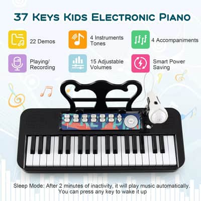 37-Key Kids Piano Keyboard with Microphone and Comfortable Stool | Fun Learning Tool for Children Ages 3+ (Black) image 5
