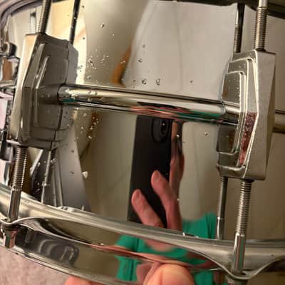 Ludwig No. 402 Supraphonic 6.5x14" 10-Lug Aluminum Snare Drum with Pointed Blue/Olive Badge 1969 - 1979 - Chrome-Plated image 10