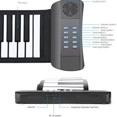 Roll Up Piano, Portable Silicone Keyboard Perfect for Beginners, Safe Material, Headphone Jack for Quiet Practice, 16 Tones & Record Function, Foldable for Travel (Black) Bild 3