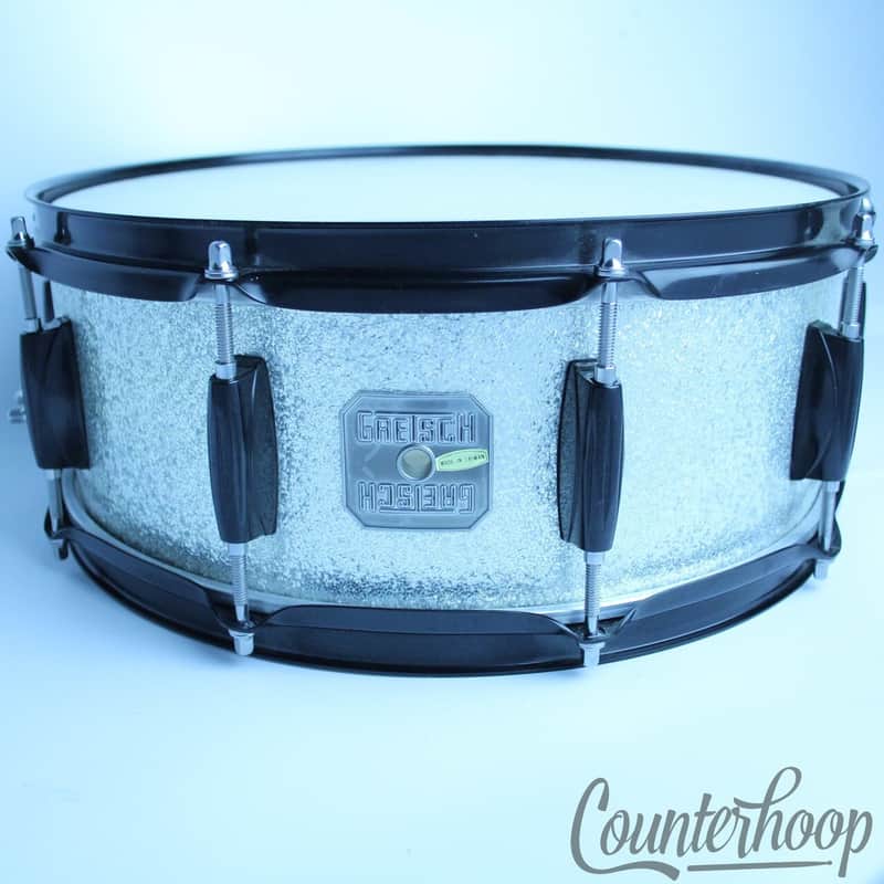 *Gretsch Snare Drum Silver Sparkle 14x5"8-Ply Mahogany Black Powdercoat Hardware image 1