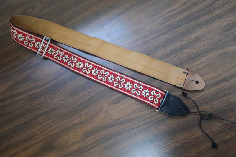 Vintage 1960s Ace Red Floral Bohemian Hippie Jimi Hendrix Guitar Strap Red Black Bobby Lee image 1
