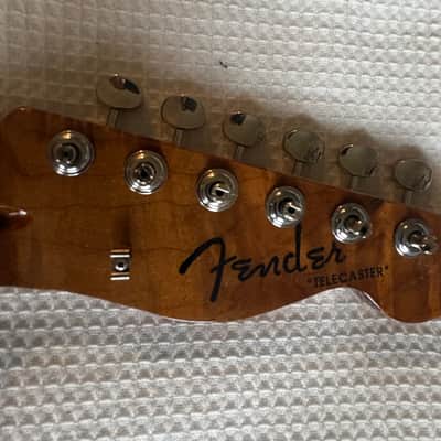 Custom Built Tiger Flame Fender Style Tele,Telecaster Guitar NECK, CUSTOM UPGRADED to simulate a 1957 Tele Neck, with a new set of Kluson style tuners, a vintage style String Tree, and a New 1957 Tele Neck Logo decal image 2