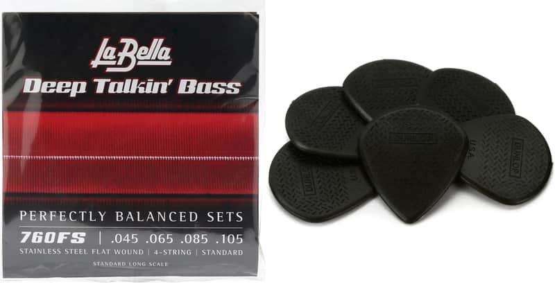 La Bella 760FS Deep Talkin' Bass Flatwound Bass Guitar Strings - .045-.105 Standard  Bundle with Dunlop 471P3C Max-Grip Jazz III Guitar Picks - 1.38mm Carbon Fiber Black (6-pack) image 1