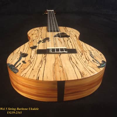 Handcrafted 5 String Baritone Ukulele, Spalted Maple, Taiwania, Vine Inlay, The Islands Soundhole, Soft-bag, Bruce Wei UG19-2341 image 2