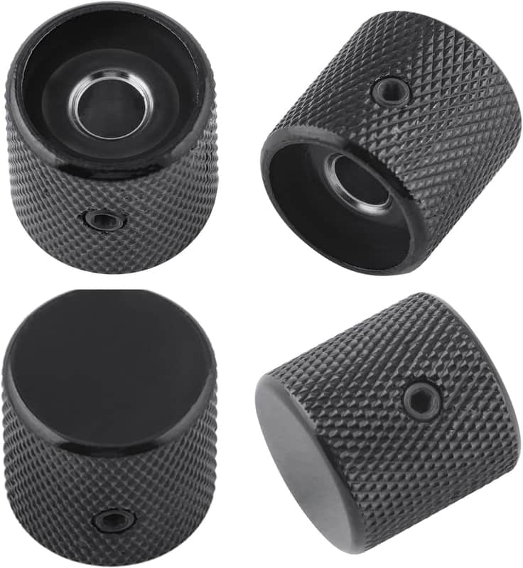 Metal Guitar Knobs Flat Top Control Knobs with Black Knurled Barrels 6mm Split Shafts Volumn Tone Control Knobs Screw Type for Tele Strat Style Electric Guitar or Bass Guitar Pack of 4pcs. image 1