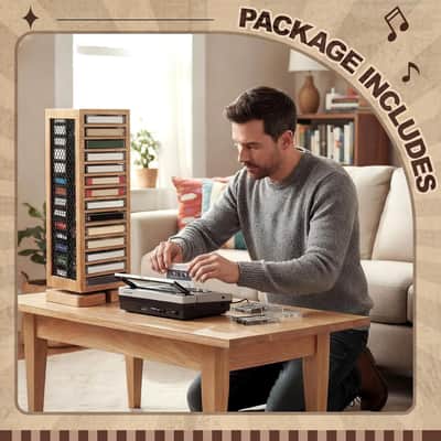 Rotating Cassette Tape Display Rack – 28-Tape Double-Sided Metal & Wood Holder for Music Studios image 5