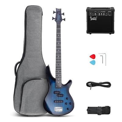 Glarry GIB 4 String Full Size Bass Guitar SS pickups w/ 20W Amplifier - Blue image 6