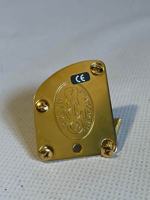 2004 Era Fender USA Deluxe 50th Anniversary Stratocaster Guitar Gold Neckplate & Screws for Contoured Heel image 1